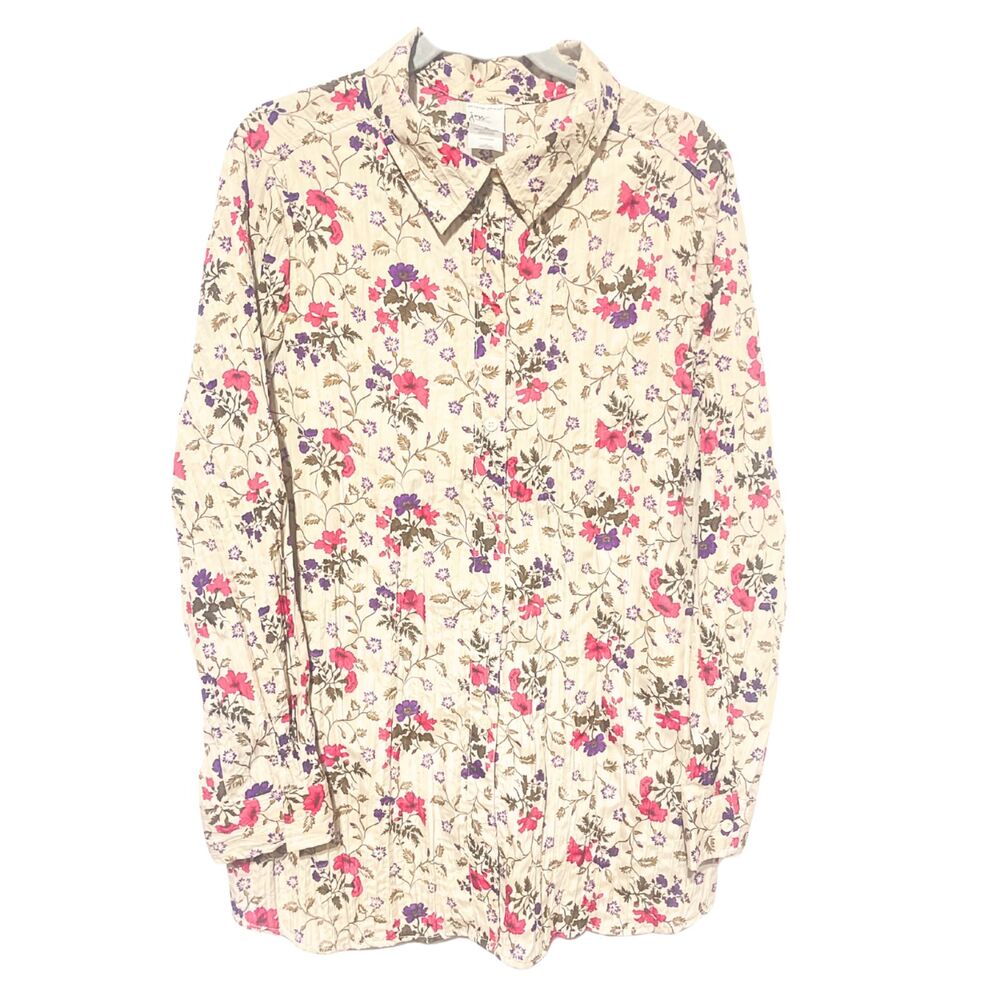 JMS Crinkle Gauze Floral Long Sleeve Button Down Shirt Blouse Large